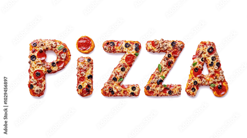 Poster pizza letters made with colorful toppings on white generative ai