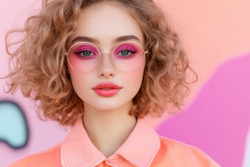 Fototapeta premium Trendy young woman with curly blonde hair, wearing pink sunglasses, bold pink eye makeup, vibrant pink background, casual style, fashionable portrait, playful look, close-up shot.