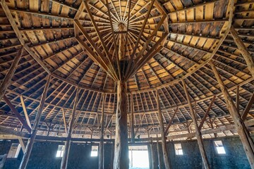 The interior, showing unique construction, of the Pete French round barn near Frenchglen Oregon. The  Barn is a historical site maintained by the Oregon State Parks