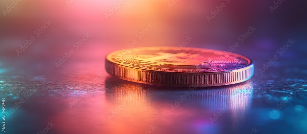 Poster a close-up of a coin reflecting colorful light on a textured surface.