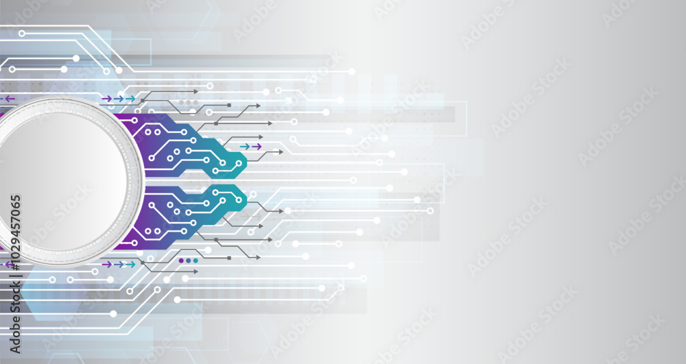 Poster Science concept, circles with shadows and circuit board. Abstract hi tech communication for presentation or banner. Sci-fi gray background with various technology elements.