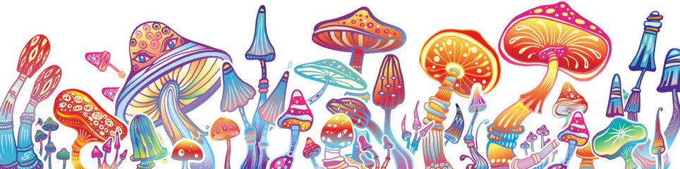 Magic mushrooms of various shape, vector bannerPrint