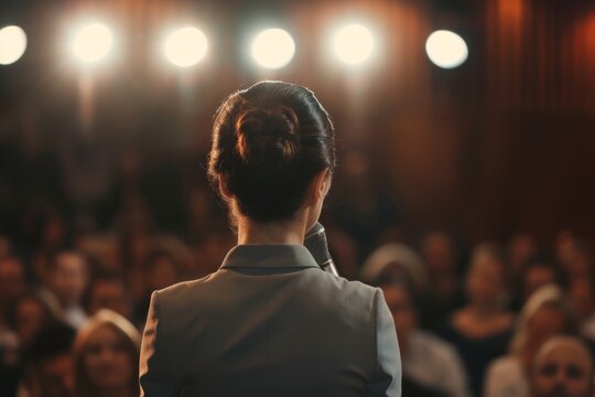 A talented young woman leads a training seminar, passionately addressing a room full of engaged colleagues, investors, and students