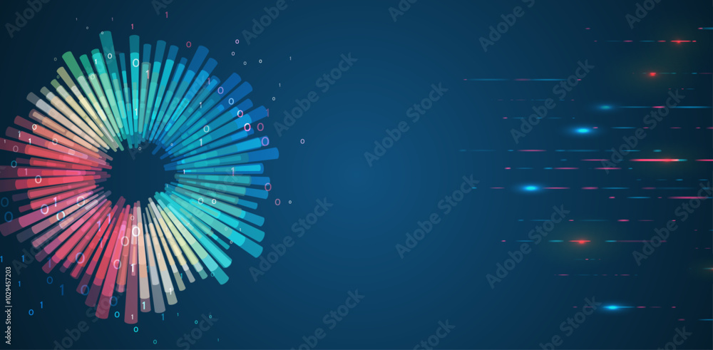Leinwandbilder Artificial intelligence, business analytics. An array of information in the form of a disk. Large data stream on a dark background, glowing lines and circles. Data set analysis and visualization.