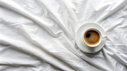 Minimalistic flatlay composition featuring cup of coffee on white sheet, simplicity, elegance