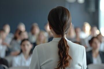 A young business leader addresses a training seminar, captivating an audience of professionals eager to learn in a modern conference room setting