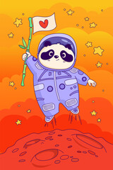 Cartoon panda in space. Panda with a bamboo flag in his hands jumps over the planet. Animals flying in space. Vector flat illustration for kids. Cute astronaut bear image. Space theme