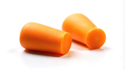 Orange ear plug isolated on white background in forced perspective