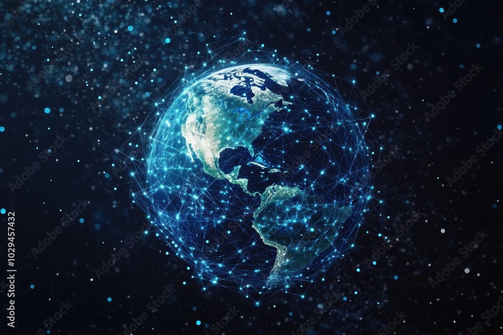 Poster an abstract representation of the earth with interconnected blue dots representing global communicat