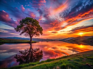 Majestic Tree Silhouetted Against a Vibrant Sunset Sky - Nature Photography
