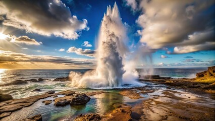 Stunning landscape of a geyser erupting into the ocean near a rocky shore