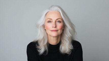 Portrait of an elegant older woman with long silver hair, minimal makeup, wearing black top, soft expression, mature beauty, minimal background, healthy aging concept, close-up shot.

