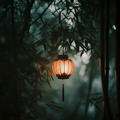 Traditional Chinese Lantern in Bamboo Forest