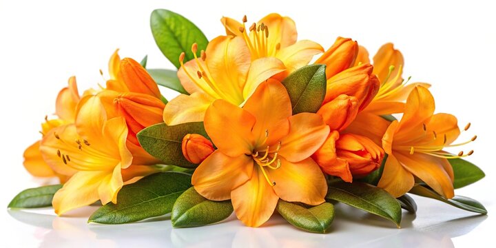 Orange flowers on white background Rhododendron vireya Tropic Glow trusses large yellow throat asymmetrical