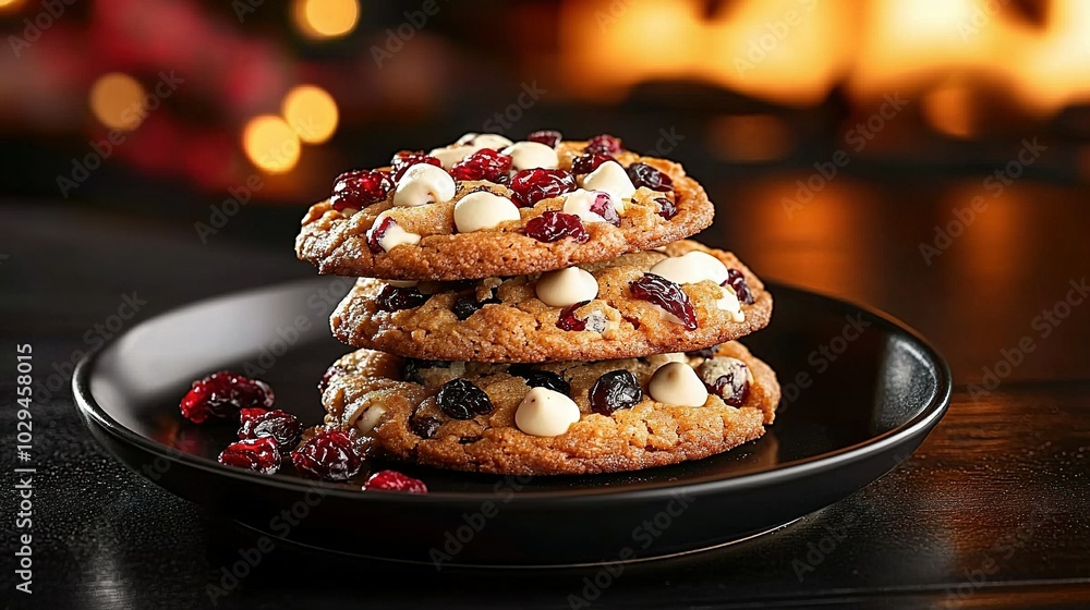 Wall mural  Cookies stacked with white chocolate and cranberries on a black plate, lit by Christmas lights