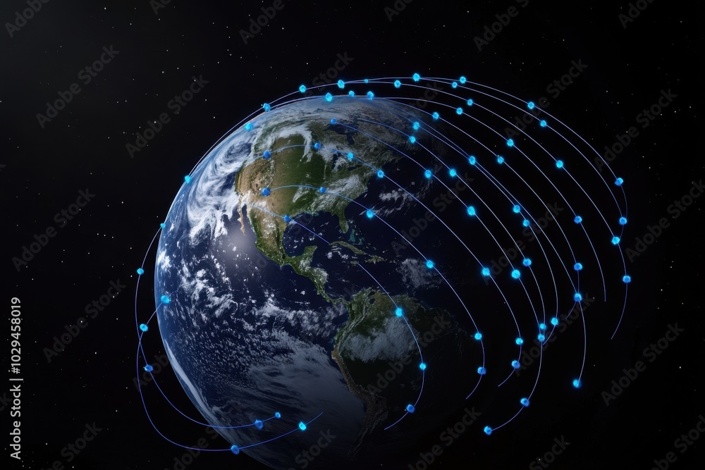 Poster a digital illustration of the earth with weather data points on it, connected by blue lines to form 