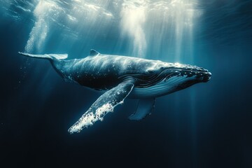 Fototapeta premium Large humpback whale swimming in sunrays underwater