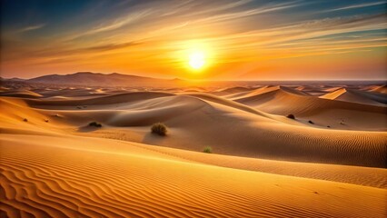 Naklejka premium Orange gradient sky complements sand dunes in modern wallpaper of desert landscape