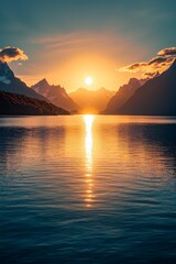 Naklejka premium Golden hour over the lake, the sun reflecting in the water.