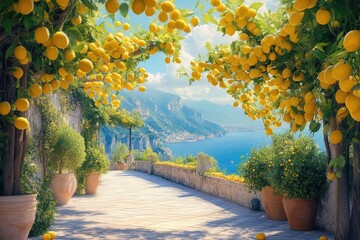Lemon trees growing in a terrace garden overlooking the amalfi coast