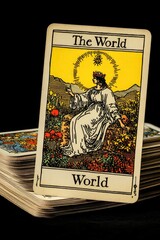 The world tarot card resting on top of deck on black background