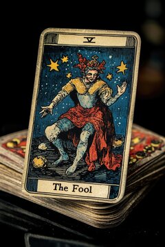 The fool tarot card resting on deck of cards