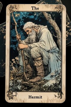 The hermit tarot card depicting a bearded man holding a staff