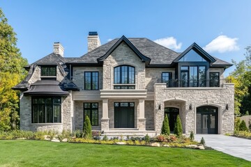 Modern stone luxury home exterior on sunny summer day