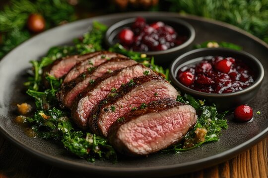 Delicious venison steak with cranberry sauce being served on plate