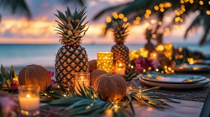 A luxurious New Year's Eve dinner table set up on a terrace overlooking the ocean, surrounded by palm trees and decorated with tropical flowers, candles, and festive decorations