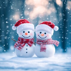 Cute Snowmen in Santa Suits on Snow