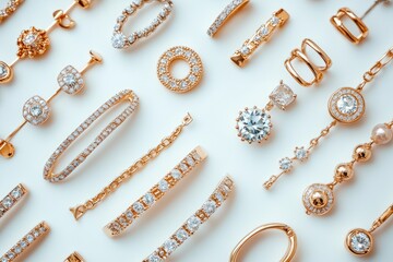 Gold jewelry with diamonds on a white background forming a jewelry pattern