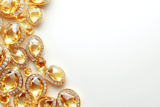 Yellow topaz and diamonds creating luxurious background on white surface