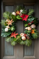 Fototapeta premium Tropical Christmas wreath with palm leaves, shells, starfish and colorful tropical flowers that can be hung on the door or wall to celebrate the New Year