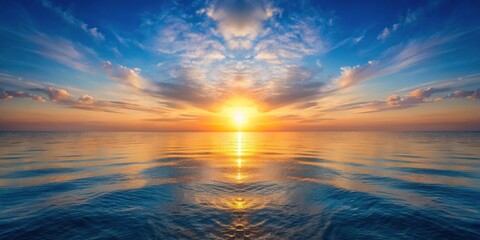 Sunrise waves on the ocean with a beautiful symmetrical landscape in the background