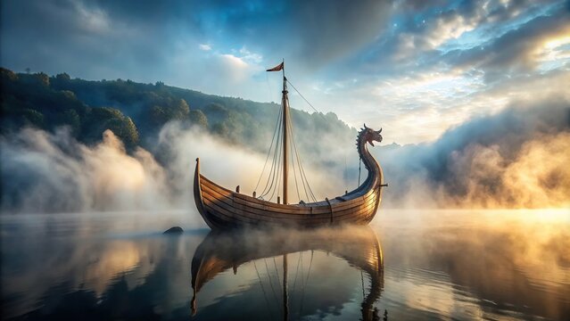 Mist shrouded Drakkar emerging from fog, ancient allure