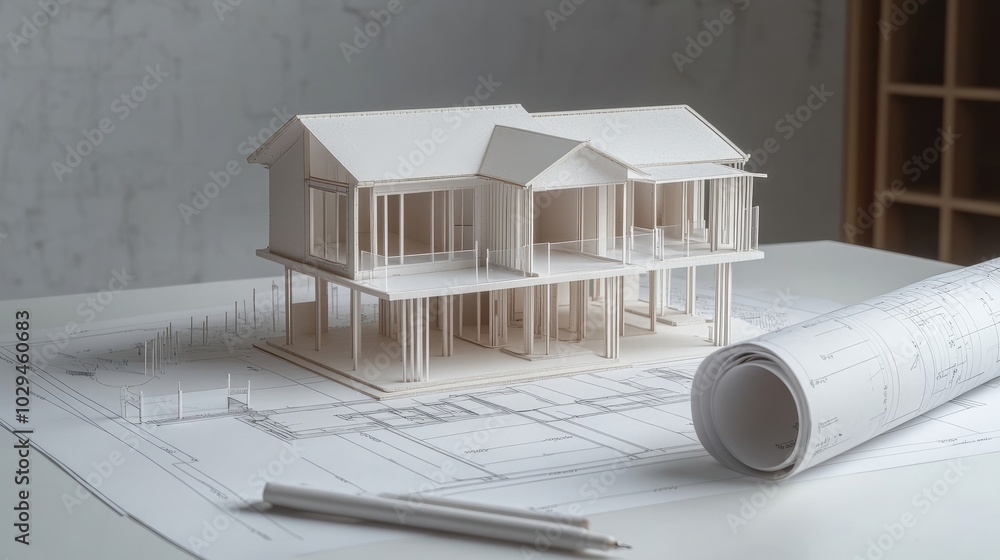 Poster architectural house models on a desk with technical drawing tools and blueprint rolls for a construc