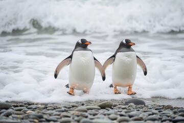 Obraz premium Two gentoo penguins walking on the beach