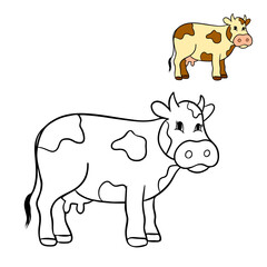 Simple cute coloring page for kids animal cow outline flat design illustration