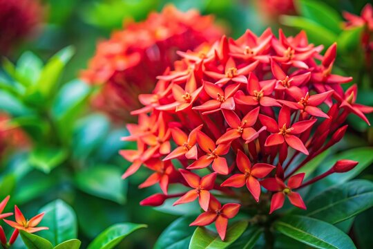 Red ixora flowers with green blurred background aerial view