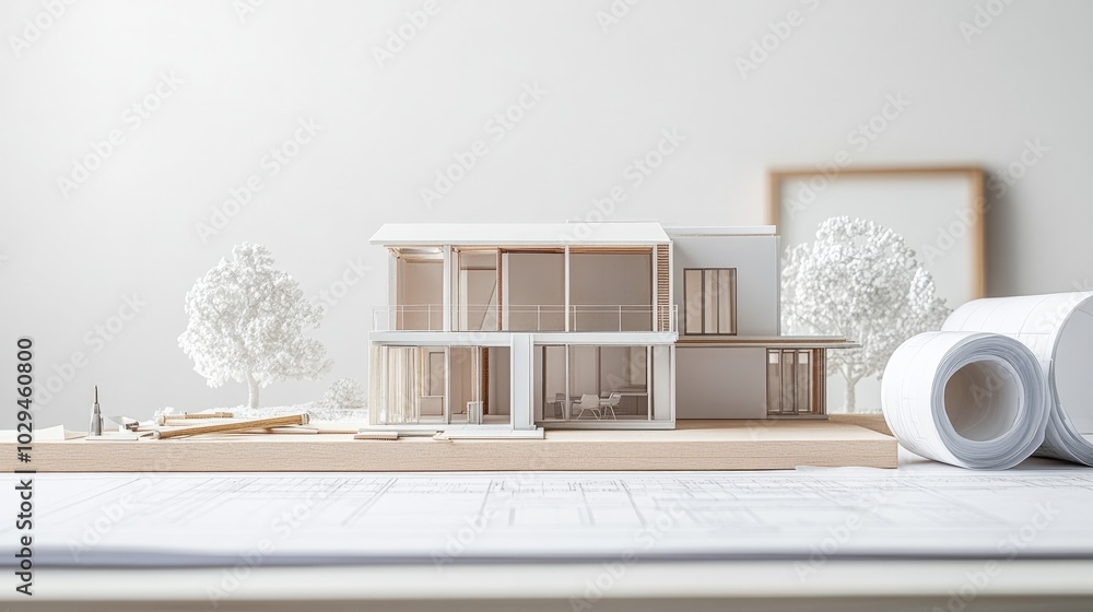 Poster architectural house models on a desk with technical drawing tools and blueprint rolls for a construc