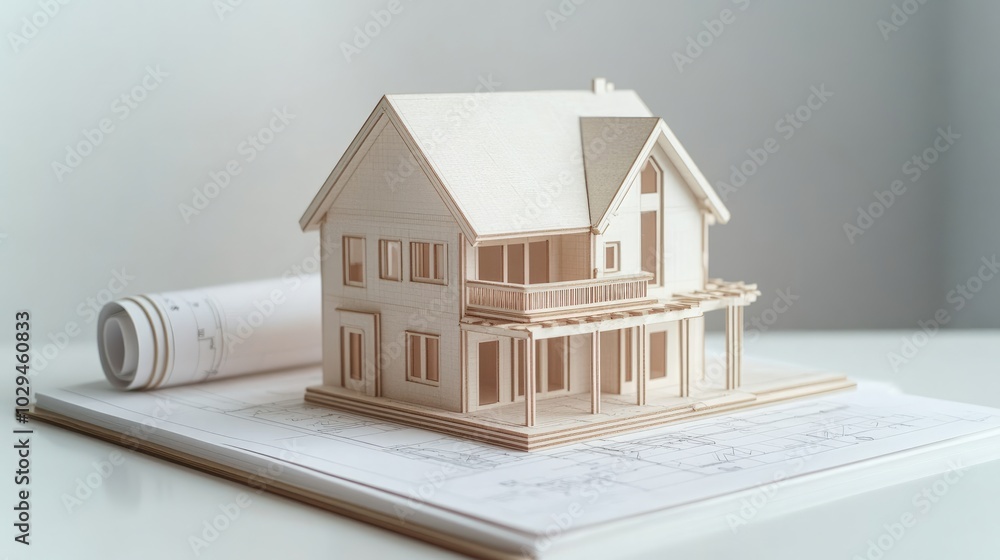 Poster architectural house models on a desk with technical drawing tools and blueprint rolls for a construc