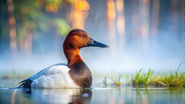 Misty forest encounter canvasback pecking reflection canvas