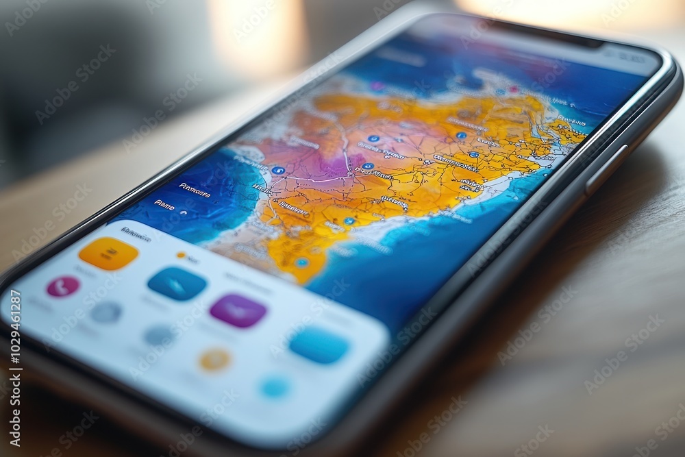 Poster a smartphone displaying a colorful map of a coastal region.