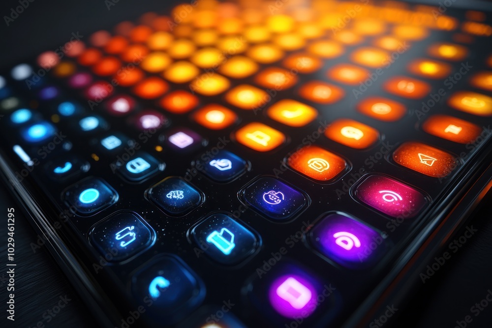Poster a close-up of a vibrant, illuminated keyboard with colorful keys for digital interaction.