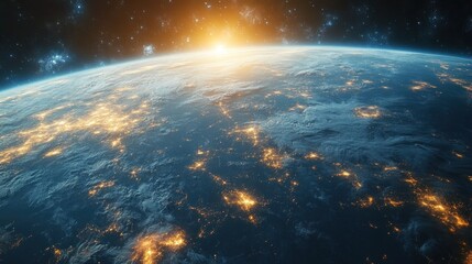 A stunning view of Earth from space, showcasing the bright lights of cities illuminating the night.