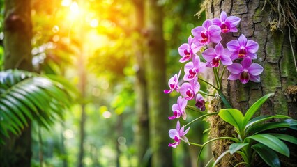 Obraz premium Orchids growing on tree trunk in tropical forest