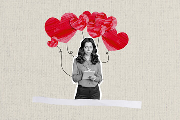 Creative collage poster young woman employee worker write down textbook air balloons valentine day...