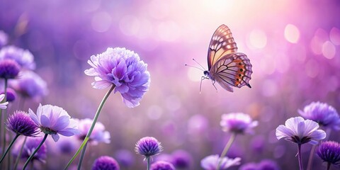 Soft purple flowers with butterfly on spring background