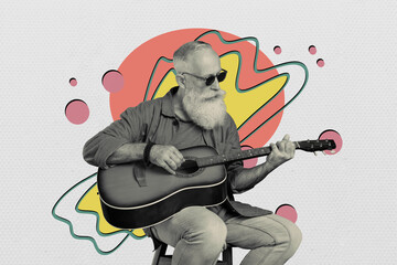 Collage image pensioner grandfather play guitar chords professional hobby acoustic instrument...